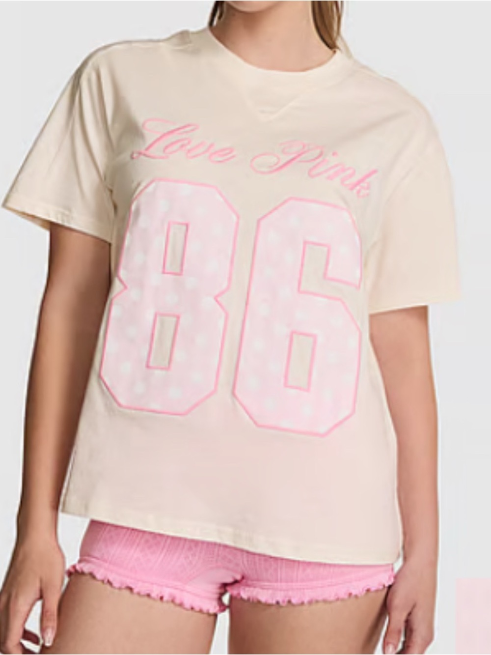 New M Medium Victoria’s Secret Love PINK 86 T Shirt Top Polka Dot Tee Cream